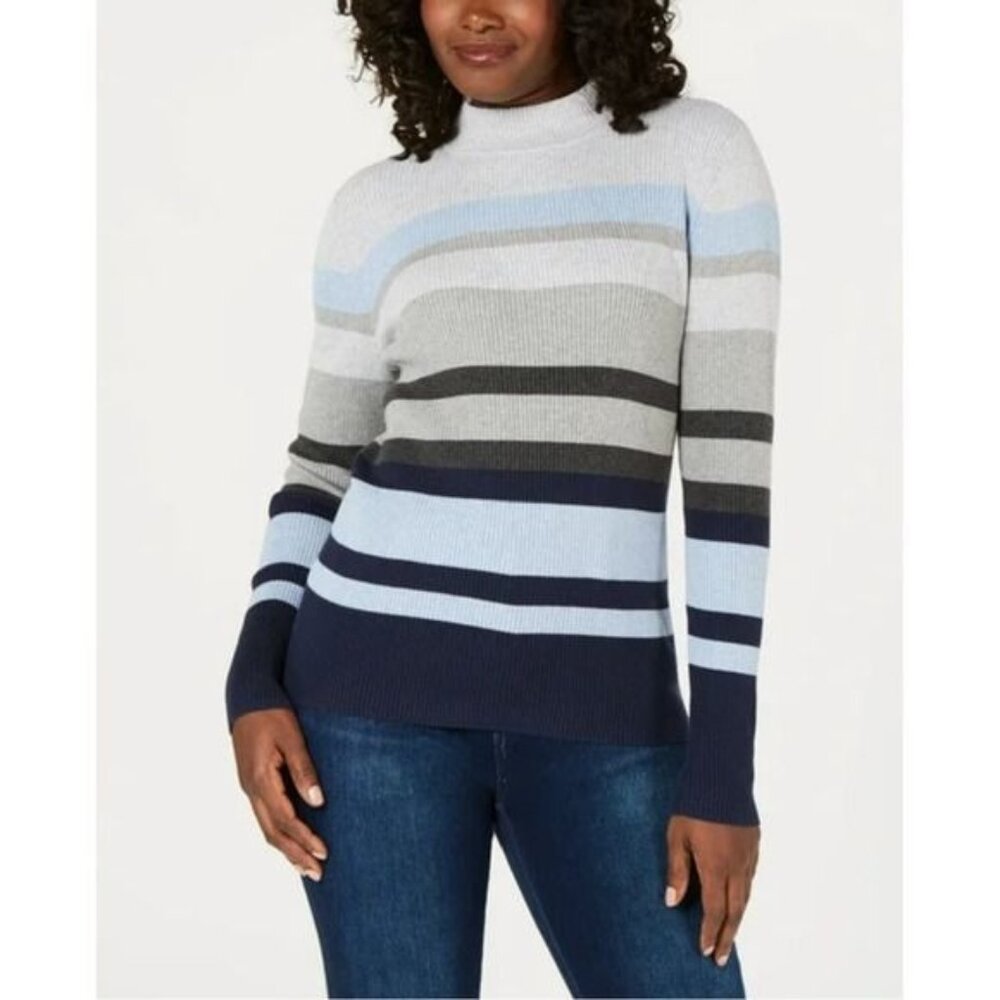 Karen Scott‎ Striped 100% Cotton Ribbed Knit Mock Neck Sweater XL